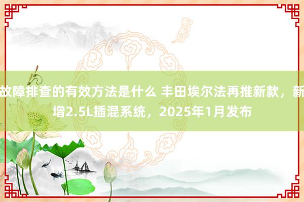 故障排查的有效方法是什么 丰田埃尔法再推新款，新增2.5L插混系统，2025年1月发布